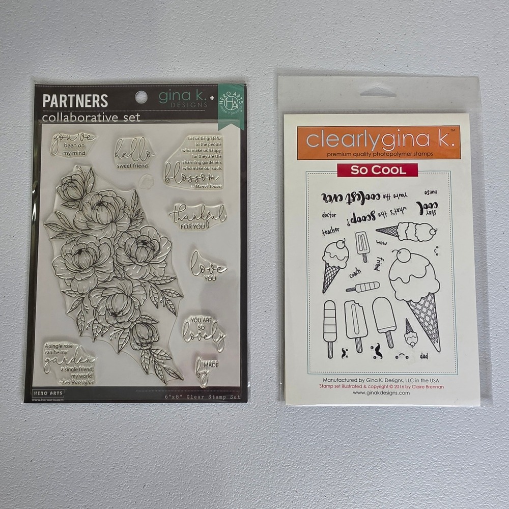 NWT Gina K Designs Clear Stamp Set Lot Friendship Blooms Floral Ice Cream